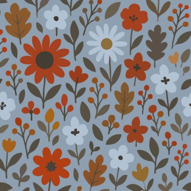 Zarif çiçekler ve yemyeşil yapraklar içeren güzel, pürüzsüz bir desen. Mavi arka planda, çeşitli kullanım alanları için mükemmel.