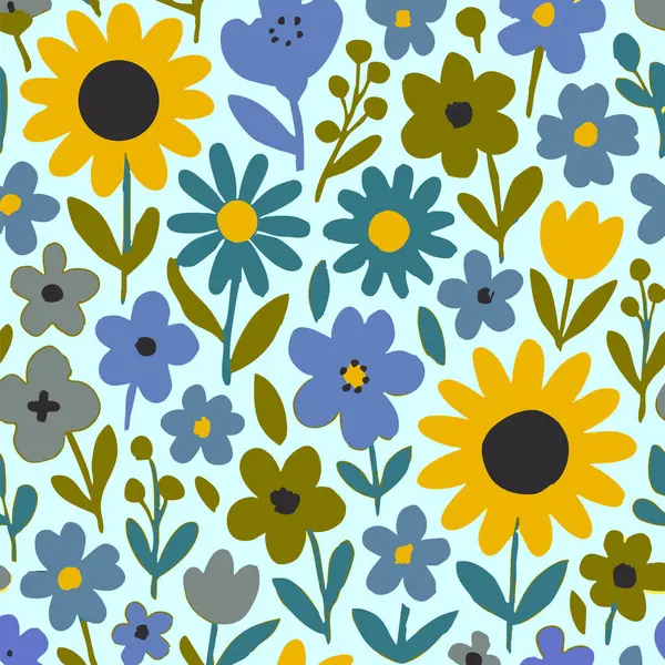 Bu pürüzsüz, canlı bir desen. Renkli bir çiçek dizisi var. Sakinleştirici mavi arka planda güzelce yerleştirilmiş.