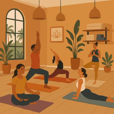 Yoga Stüdyosu Asana Meditasyon Yaşam Tarzı Sağlık Yazdırma Tasarımı Vektör. Vektör illüstrasyonu