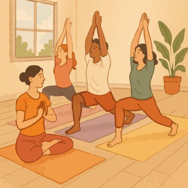 Bir grup birey, geniş bir odada yoga pratiği yapıyor. Görünüşe göre tekniklerine odaklanmışlar.