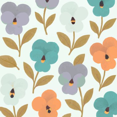 Pansies Botanik Romantik Bitki Pansy Print Design in Vector. Vektör illüstrasyonu