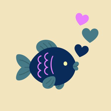 Renkli kalplerin neşeli bir şekilde ağzından çıktığı, neşeli ve neşeli bir sahne yaratan tuhaf bir karikatür balık çizimi.