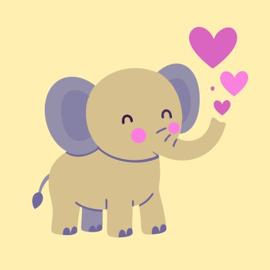 Yavru bir fil neşeli bir şekilde pembe kalplerini gövdesinden çıkarıp neşeli enerjisiyle etrafa sevgi ve mutluluk saçıyor.