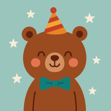Şenlikli bir parti şapkası ve şık bir papyonla süslenmiş sevimli kahverengi bir oyuncak ayı neşe ve neşe saçıyor. Kutlamalar için mükemmel.
