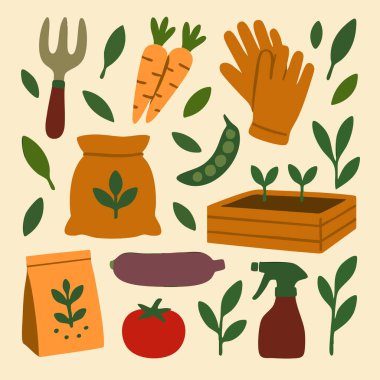 Canlı bir sebze seti ve çeşitli temel bahçe aletleri yumuşak bej arka planda güzelce yerleştirilmiş.