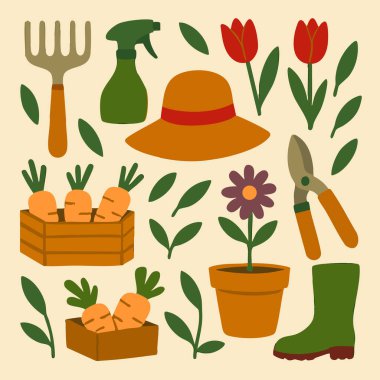 Bahçe aletleri, canlı çiçekler, taze havuçlar ve doğa deneyiminizi geliştirmek için şık bir şapka koleksiyonu.