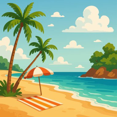 Plaj Tatil Adası Sahil Bahçesi Yaz Güneşi Seyahati Tatil Tatil Tatil Salonu Tasarım Vector. Vektör illüstrasyonu