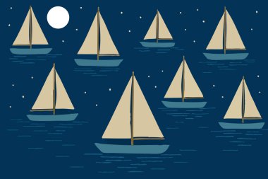 Dolunay Yelkenli Teknesi Okyanus Gölü Ay Işığı Örnekleri barışçıl denizci yelkenli yelkenli parmak izi tasarımı. Vektör illüstrasyonu