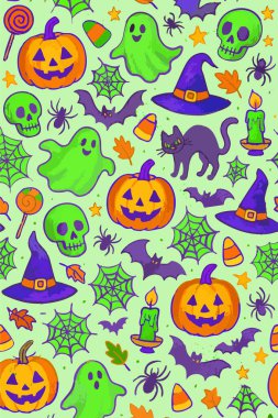 Cadılar Bayramı Balkabağı Kara Kedi Cadıları Şapka Yarasa Şekeri Ürkütücü Korku Şirinliği 31 Ekim Matbaa Tasarımı Vektör. Vektör illüstrasyonu