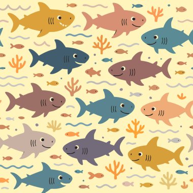 Köpekbalıkları Okyanus Mavisi Deniz Balıkları Vahşi Yaşam Çocuk Çizgi Filmleri Eğlenceli Çocuk Deniz Parmak izi Tasarımı. Vektör illüstrasyonu