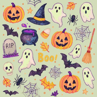 Cadılar Bayramı Hilesi veya Şeker Balkabağı Kara Yarasa Mutlu Bayramlar 31 Ekim Hayalet Örümcek Ağı RIP Cadı Broom Boo Yazıcı Tasarımı. Vektör illüstrasyonu