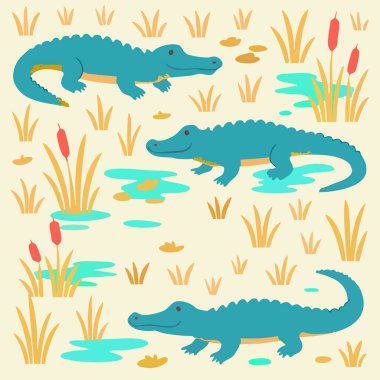 Timsah timsah timsah timsah çenesi şirin hayvan deseni taşıyıcı vahşi yaşam sürüngeni vahşi çocuklar eğlenceli timsah tasarımı. Vektör illüstrasyonu