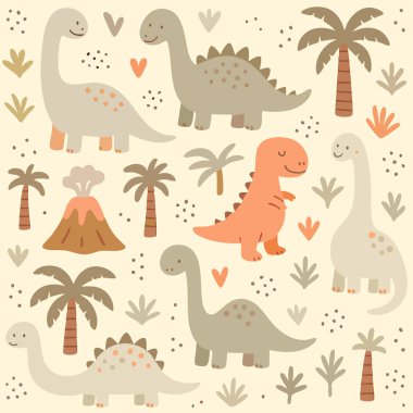 Dinozor Renkli Çocuk Dinozorlar Çocuk Yuvası Tekstil Dinozorları Volkan Palmiye Ağacı Yazdırma Tasarımı. Vektör illüstrasyonu