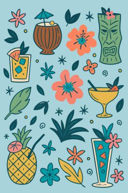 Tiki Party Hawaiian Aloha Palm Drink Food Fun Celebrate Bar Dance Tropical Vector Leaf Mask Polynesian Summer Luau Cocktail Flower Summer Illustration Print Design. Vector illustration