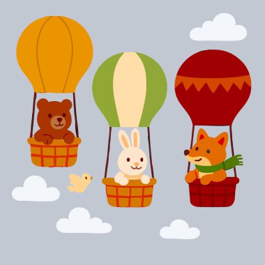 Air Balloon Cute Animal Baby Kids Children Nursery Bear Fox Rabbit Adventure Clouds Sky Vector Print Design Illustration. Vector illustration