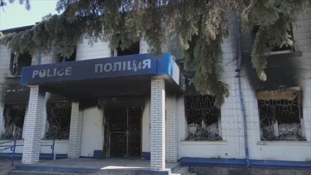 Nagranie Pokazuje Zniszczony Spalony Budynek Posterunku Policji Borodyance Rejonie Kijowa — Wideo stockowe
