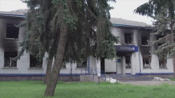 Nagranie Pokazuje Zniszczony Spalony Budynek Posterunku Policji Borodyance Rejonie Kijowa — Wideo stockowe