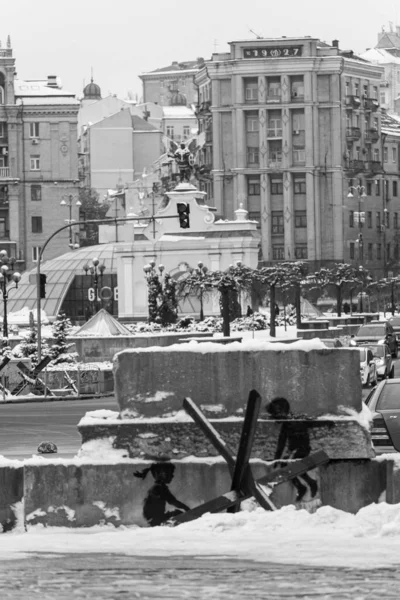 stock image This stock black and white photo shows graffiti by Banksy in the center of Kyiv, Ukraine.