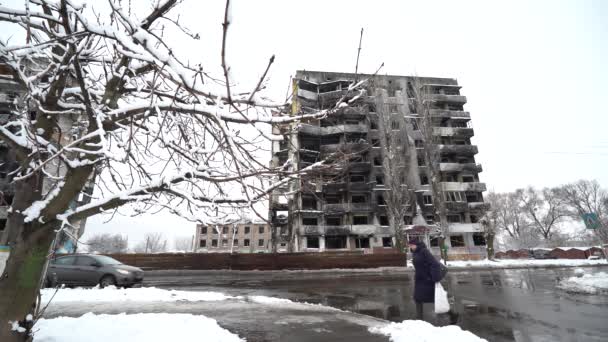 Nagranie Pokazuje Rozdarty Wojną Budynek Borodyance Ukraina Zimie — Wideo stockowe