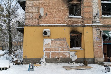 Bu fotoğraf, Gostomel, Ukrayna 'daki Banksy grafitisinin çalınmasından sonraki suç mahallini gösteriyor.