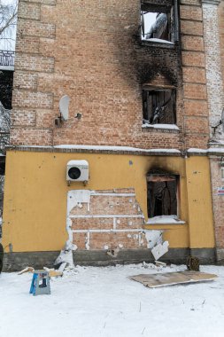 Bu fotoğraf, Gostomel, Ukrayna 'daki Banksy grafitisinin çalınmasından sonraki suç mahallini gösteriyor.