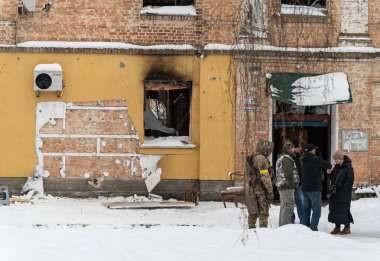 Bu fotoğraf, Gostomel, Ukrayna 'daki Banksy grafitisinin çalınmasından sonraki suç mahallini gösteriyor.