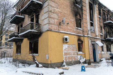 Bu fotoğraf, Gostomel, Ukrayna 'daki Banksy grafitisinin çalınmasından sonraki suç mahallini gösteriyor.