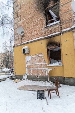 Bu fotoğraf, Gostomel, Ukrayna 'daki Banksy grafitisinin çalınmasından sonraki suç mahallini gösteriyor.