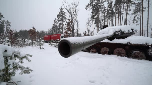 Distrugerea Echipamentului Militar Rus Zăpadă Timpul Războiului Din Ucraina — Videoclip de stoc