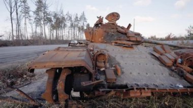 This stock video shows destroyed russian military equipment during the war in Ukraine.