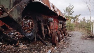 This stock video shows destroyed russian military equipment during the war in Ukraine.