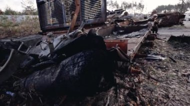 This stock video shows destroyed russian military equipment during the war in Ukraine.