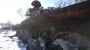 This stock video shows destroyed russian military equipment during the war in Ukraine.