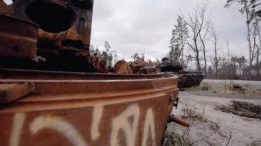 This stock video shows destroyed russian military equipment during the war in Ukraine.