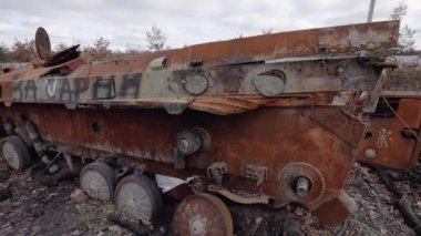 This stock video shows destroyed russian military equipment during the war in Ukraine.