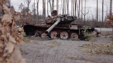 This stock video shows destroyed russian military equipment during the war in Ukraine.