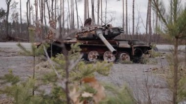 This stock video shows destroyed russian military equipment during the war in Ukraine.