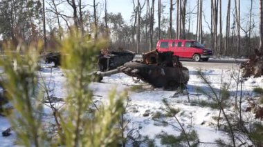 This stock video shows destroyed russian military equipment during the war in Ukraine.