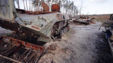 This stock video shows destroyed russian military equipment during the war in Ukraine.