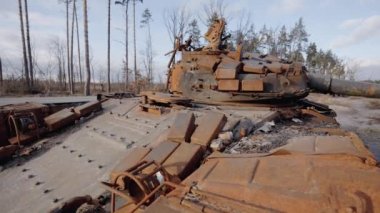 This stock video shows destroyed russian military equipment during the war in Ukraine.