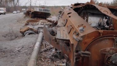 This stock video shows destroyed russian military equipment during the war in Ukraine.