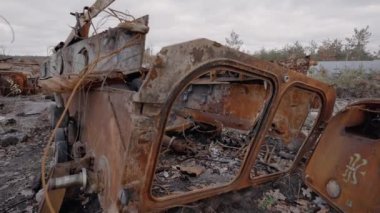 This stock video shows destroyed russian military equipment during the war in Ukraine.