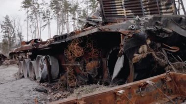 This stock video shows destroyed russian military equipment during the war in Ukraine.