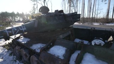 This stock video shows destroyed russian military equipment during the war in Ukraine.