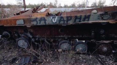 This stock video shows destroyed russian military equipment during the war in Ukraine.