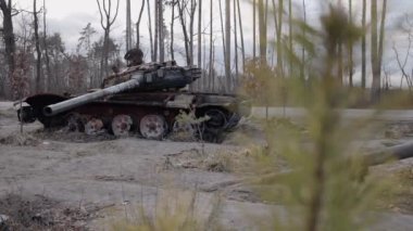This stock video shows destroyed russian military equipment during the war in Ukraine.