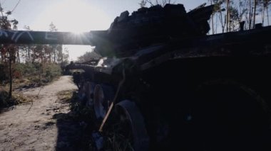 This stock video shows destroyed russian military equipment during the war in Ukraine.