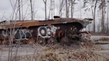 This stock video shows destroyed russian military equipment during the war in Ukraine.