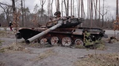 This stock video shows destroyed russian military equipment during the war in Ukraine.