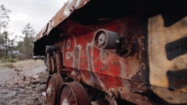 This stock video shows destroyed russian military equipment during the war in Ukraine.